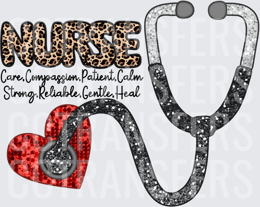 Nurse Leopard Glitter Stethoscope Heart Care Heal (DTF)