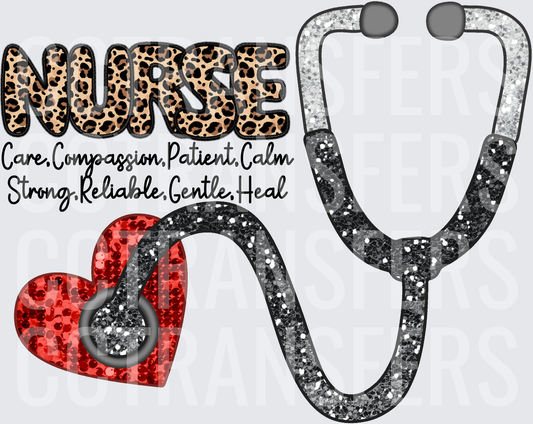 Nurse Leopard Glitter Stethoscope Heart Care Heal (DTF)