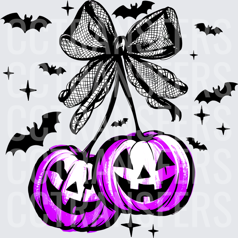 Purple Jack-O-Lantern Cherry Bow with Bats (DTF)