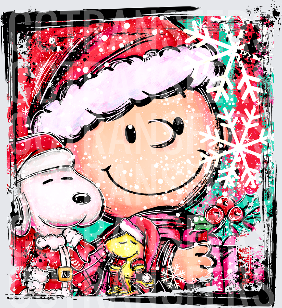 Cartoon Boy Dog Bird Santa Hats Christmas Snowflakes (DTF)