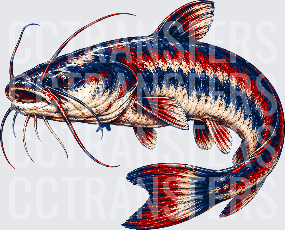 Patriotic Red White Blue Catfish Detailed Art (DTF)