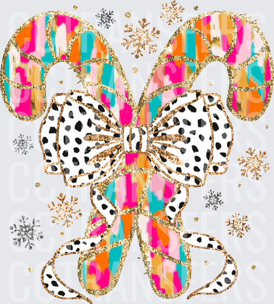 Colorful Leopard Print Candy Canes Gold Glitter Bow Snowflakes (DTF)