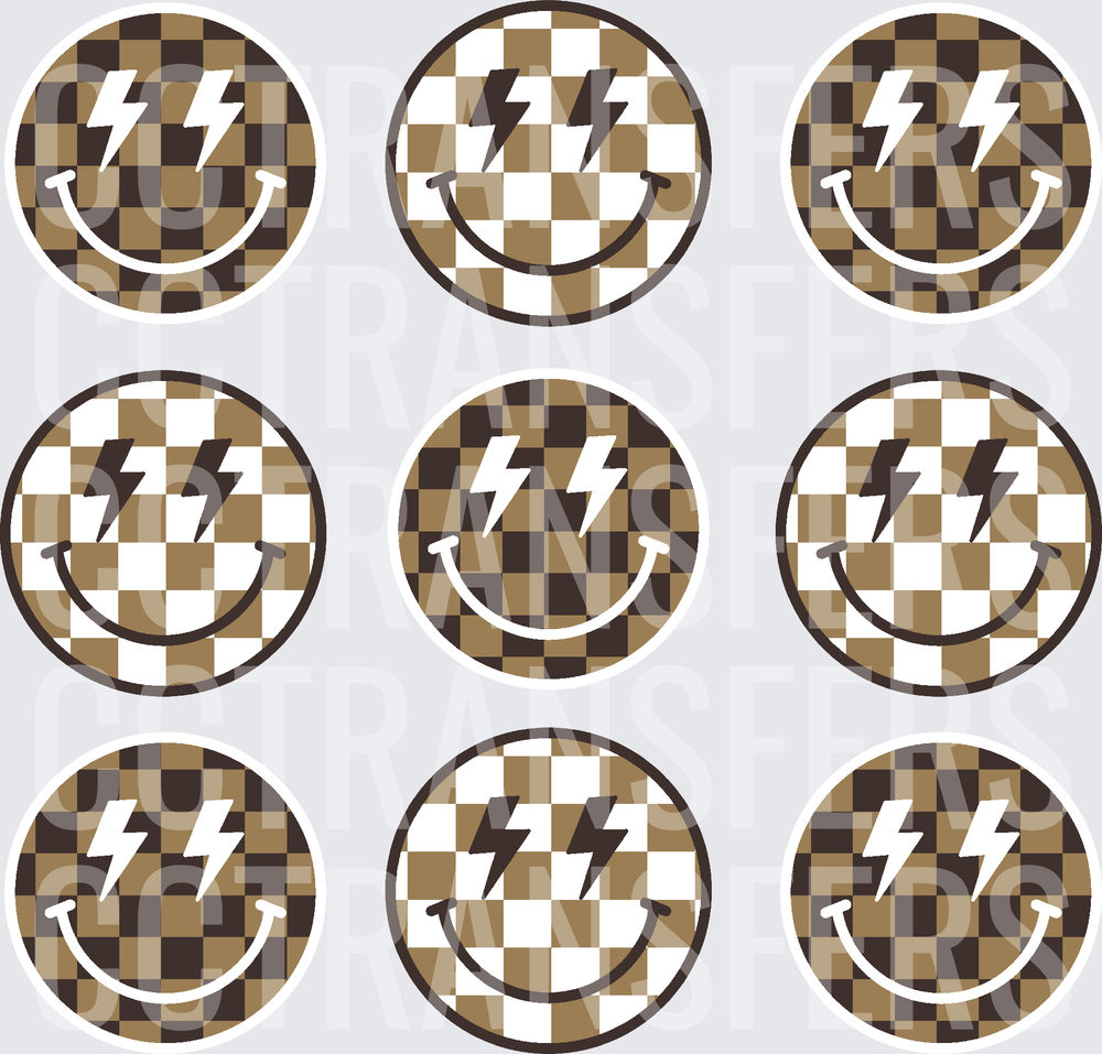 Checkered Smiley Face Lightning Bolt Bundle Brown Tan (DTF)