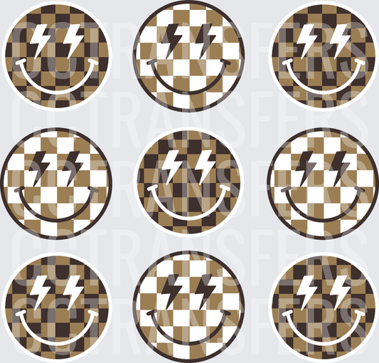 Checkered Smiley Face Lightning Bolt Bundle Brown Tan (DTF)