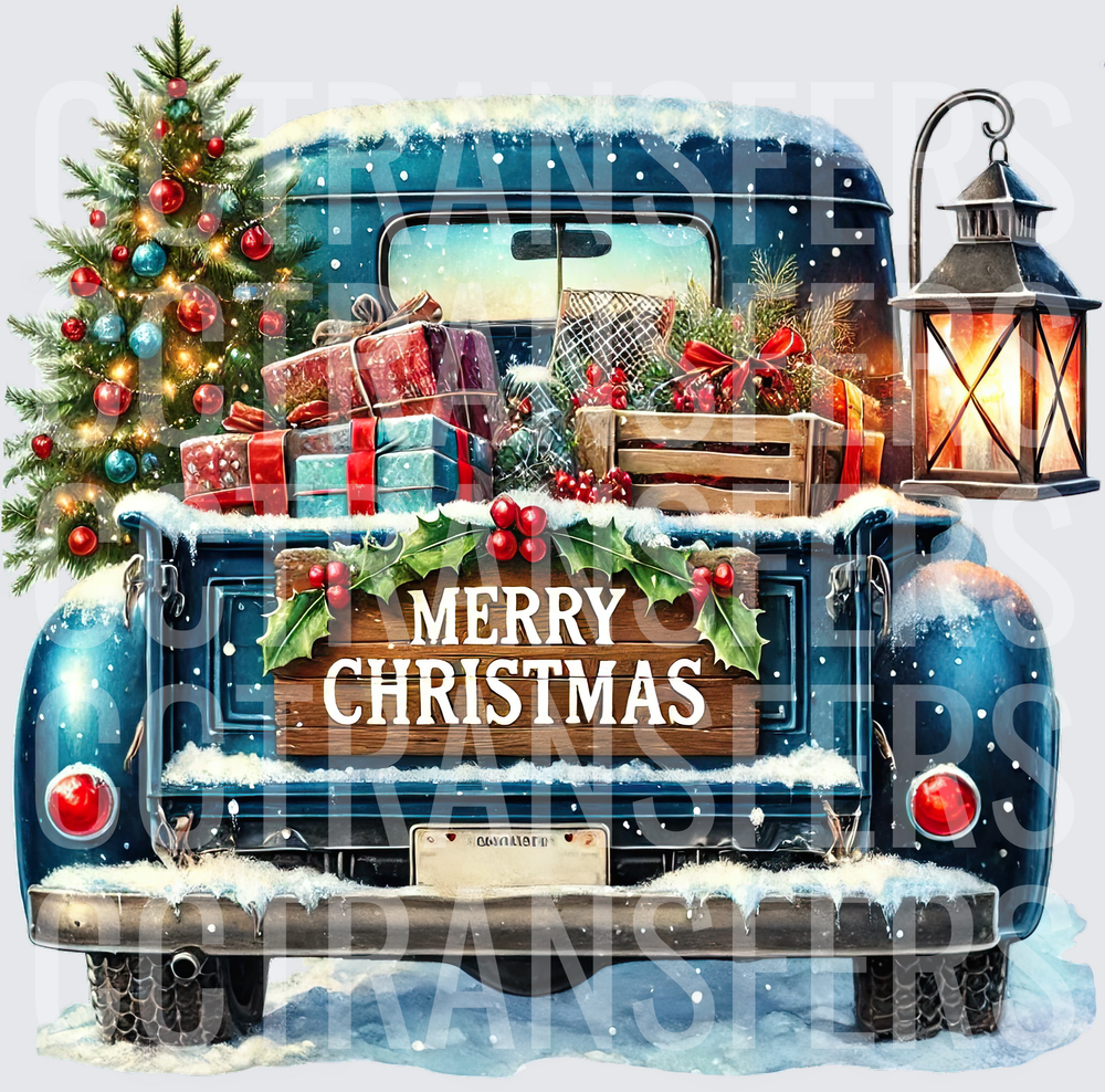 Merry Christmas Vintage Blue Truck Snow Lantern Holly (DTF)