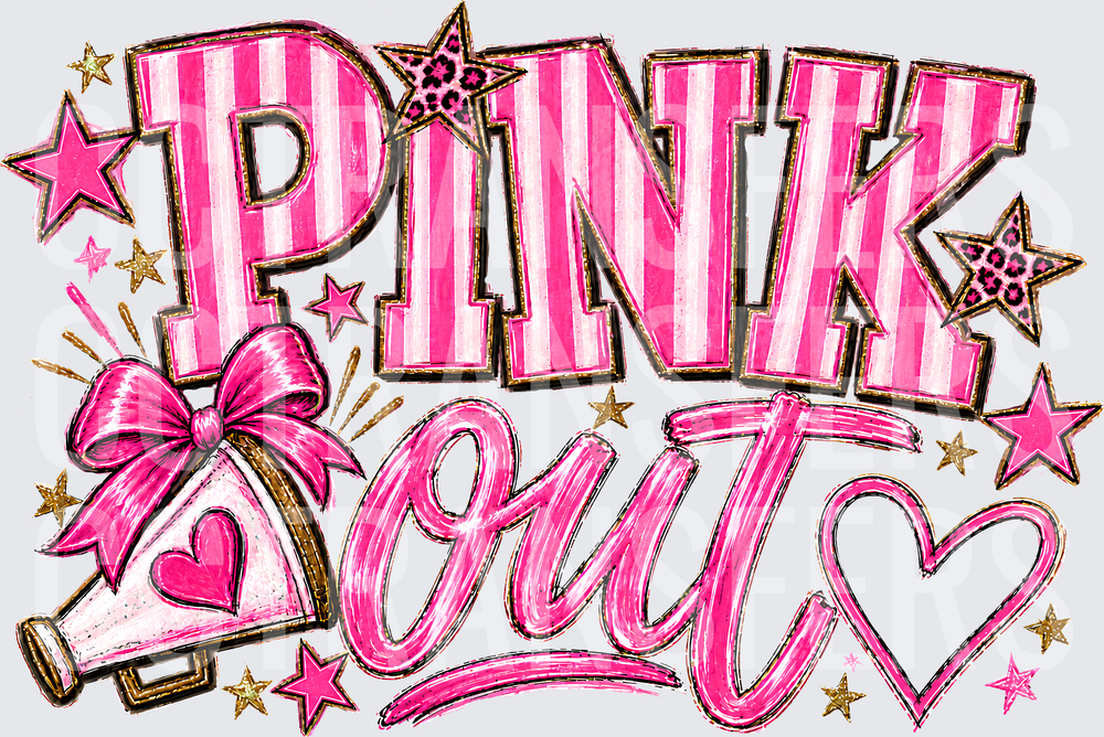 Pink Out Megaphone Bow Stars Script Lettering (DTF)