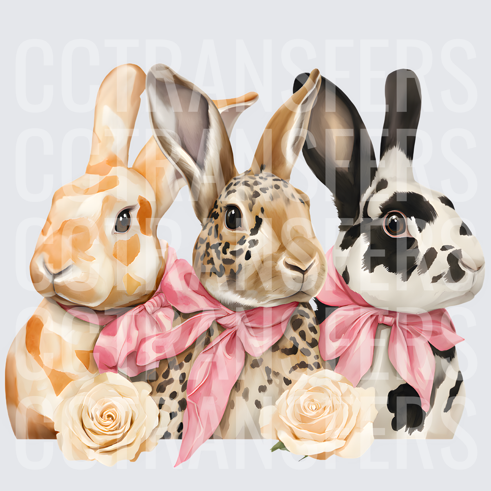 Three Patterned Bunnies Pink Bows Cream Roses (DTF)
