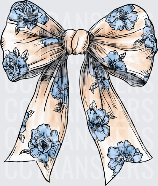 Peach Floral Ribbon Bow Blue Roses Sketch (DTF)