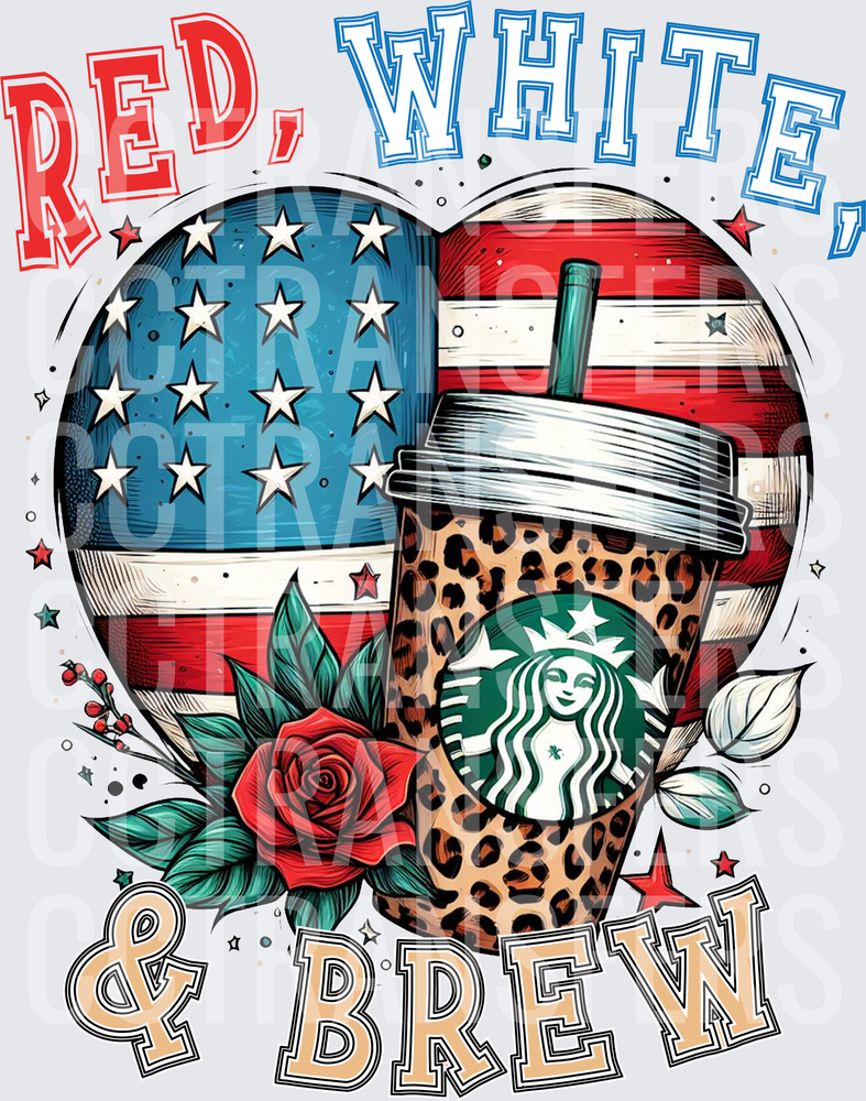 Red White & Brew Leopard Coffee Cup American Flag Heart (DTF)