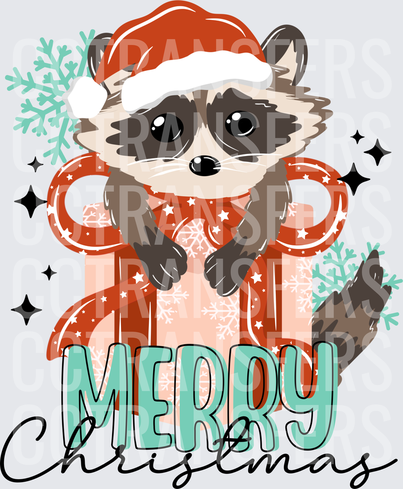 Merry Christmas Raccoon Santa Hat Gift Box Snowflakes (DTF)