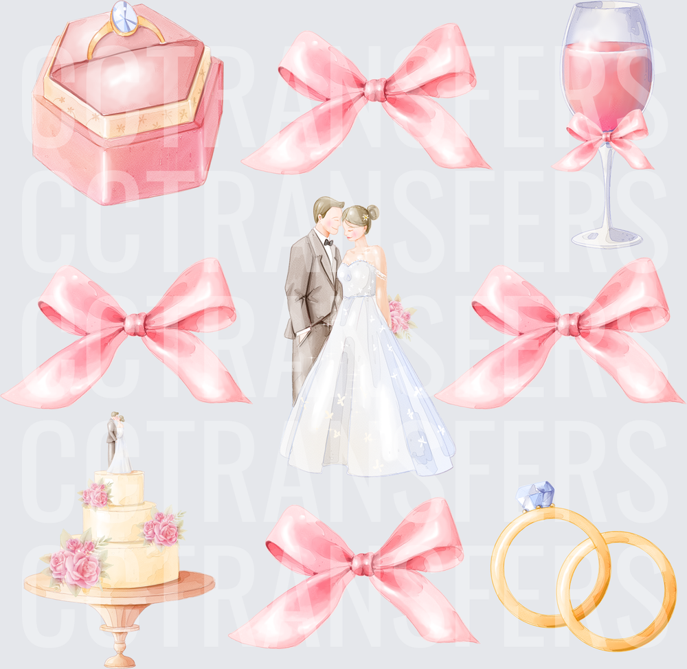 Watercolor Wedding Couple Bridal Elements Pink Bow Set (DTF)