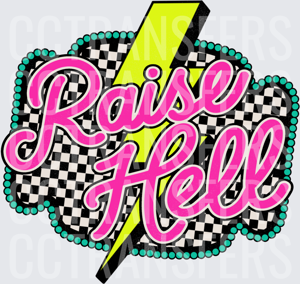 Raise Hell Neon Pink Script Checkered Lightning Bolt (DTF)