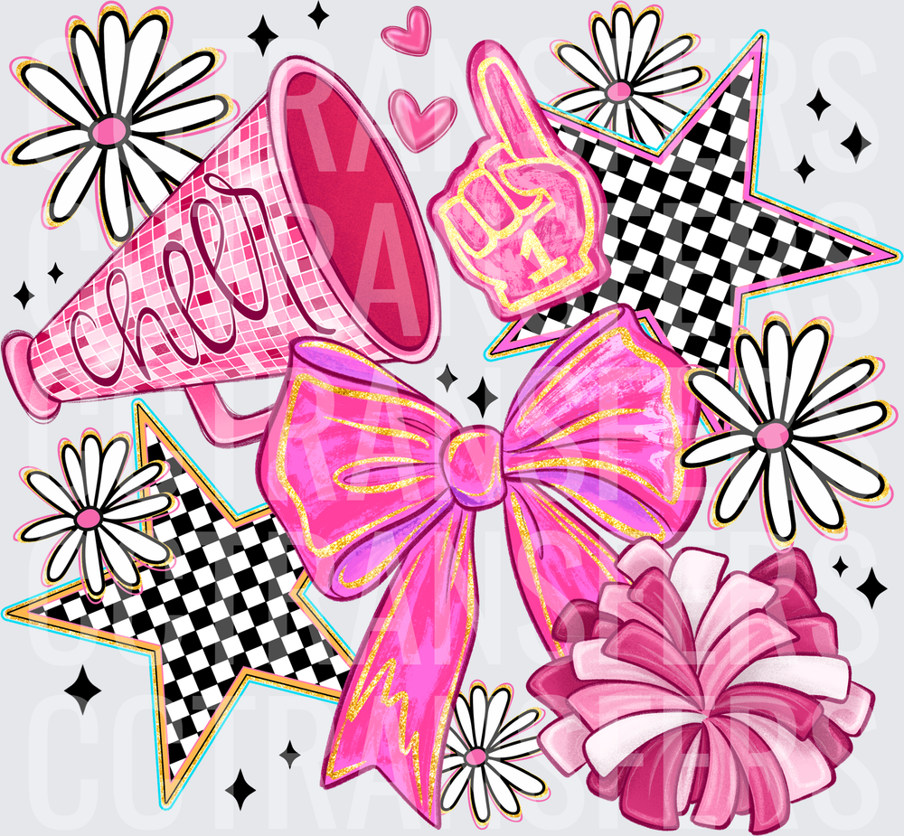 Pink Cheer Megaphone Bow Pom Pom Checkered Stars (DTF)
