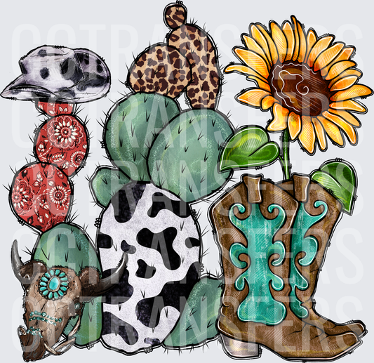 Western Cactus Cluster Cowboy Boots Sunflower Bull Skull (DTF)