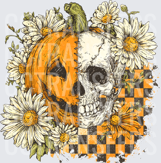 Skull Pumpkin Daisy Floral Orange Black Checker (DTF)