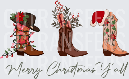 Merry Christmas Y'all Western Cowboy Boots Holiday (DTF)