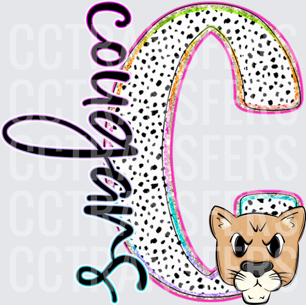 Cougars Dalmatian Print Letter C Mascot Script DTF