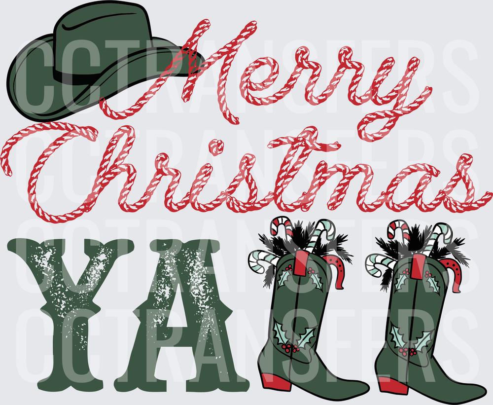 Merry Christmas Y'all Cowboy Hat & Boots Rope Text (DTF)