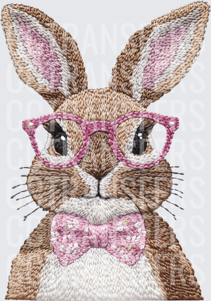 Embroidered Style Bunny with Pink Glasses and Bow Tie (DTF)