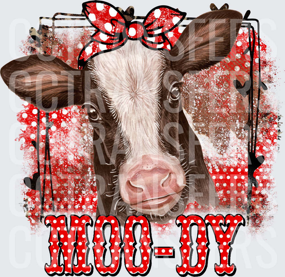 Moo-dy Cow with Red Polka Dot Bow Red Grunge Background (DTF)