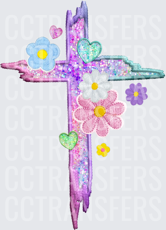 Glitter Embroidered Cross with Pastel Flowers and Hearts (DTF)