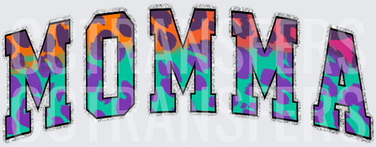 Momma Bold Varsity Leopard Print Glitter Letters (DTF)