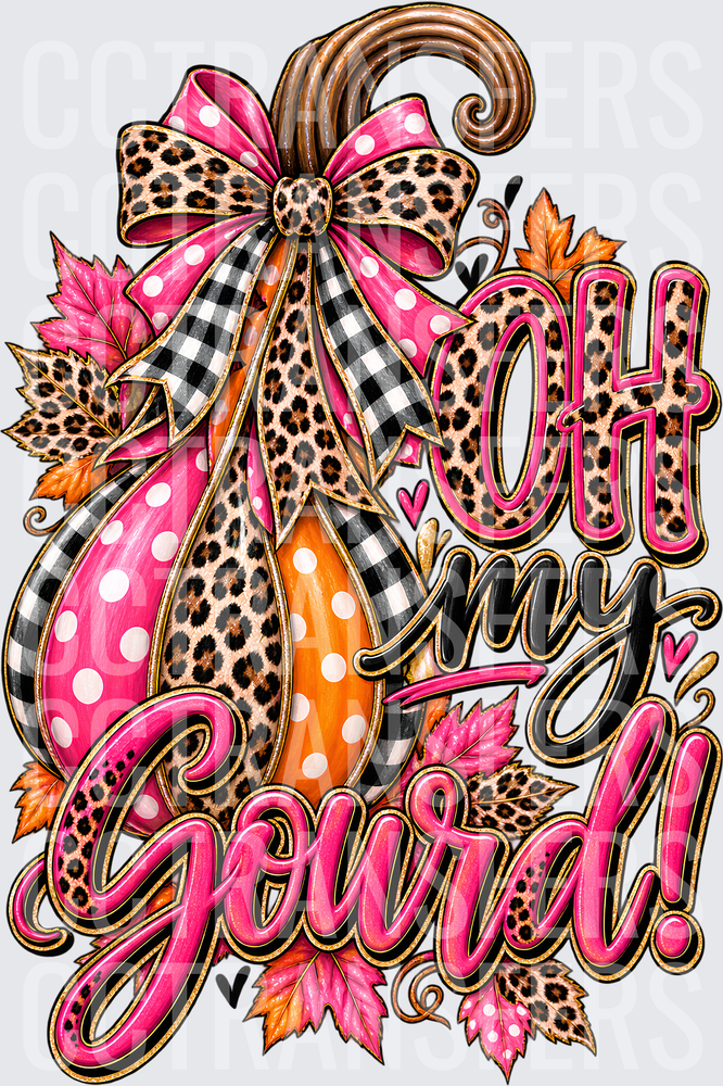 Oh My Gourd Leopard Pumpkins Pink Bow Fall Leaves (DTF)