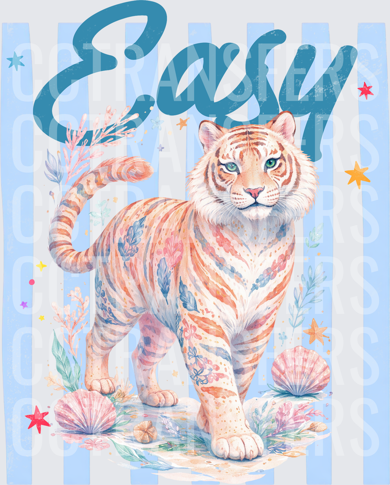 Easy Floral Tiger with Seashells Blue Stripes (DTF)
