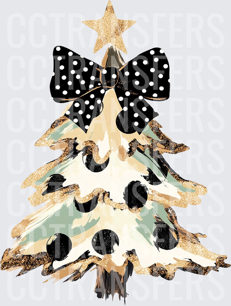 Gold Glitter Christmas Tree Black Polka Dot Bow Star (DTF)