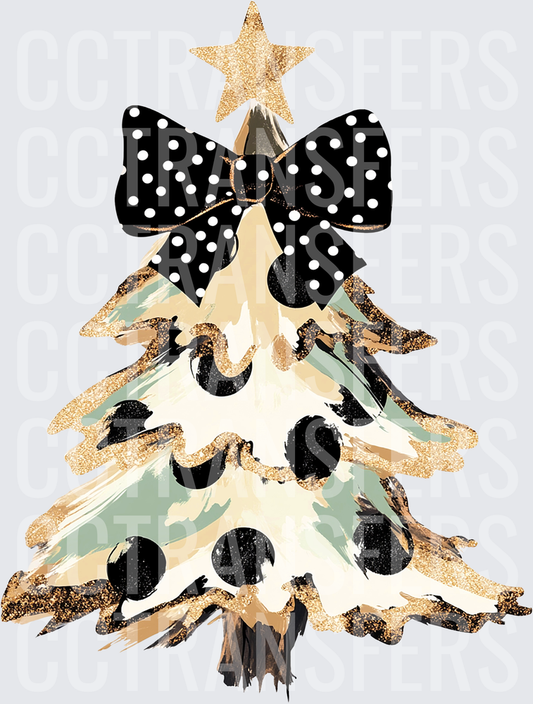 Gold Glitter Christmas Tree Black Polka Dot Bow Star (DTF)
