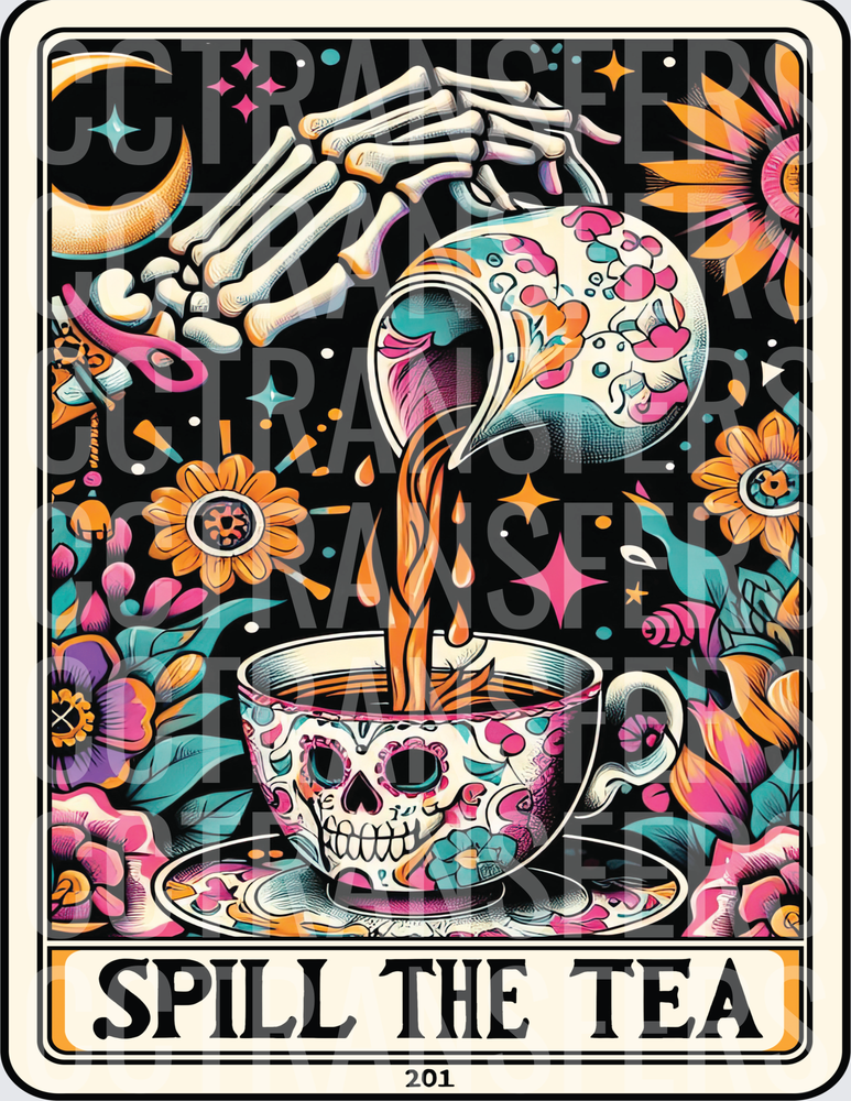 Spill The Tea Skeleton Hand Sugar Skull Tarot Card (DTF)