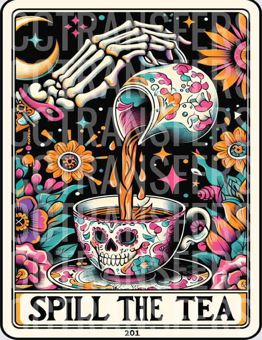 Spill The Tea Skeleton Hand Sugar Skull Tarot Card (DTF)