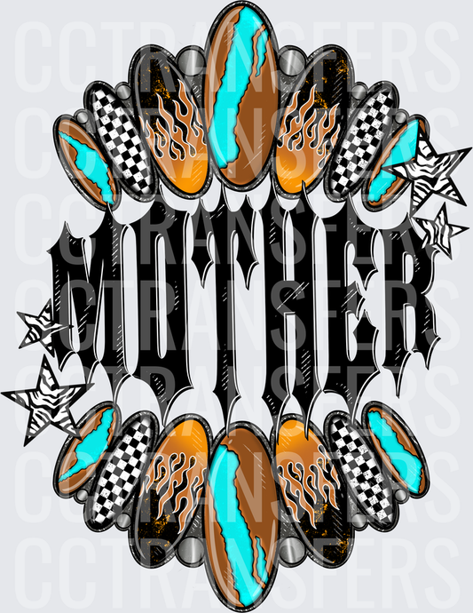 Mother Bold Gothic Lettering Turquoise Flame Nail Art (DTF)