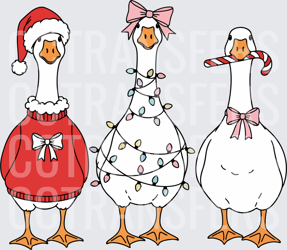 Three Christmas Geese Santa Hat Lights Candy Cane (DTF)
