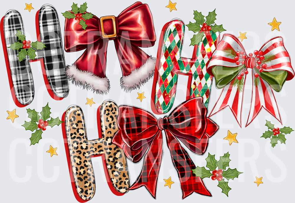 Ho Ho Ho Mixed Pattern Letters with Festive Bows (DTF)