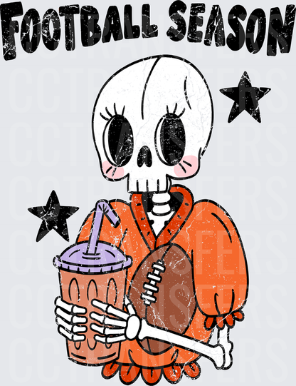 Football Season Cute Skeleton Holding Football and Drink (DTF)