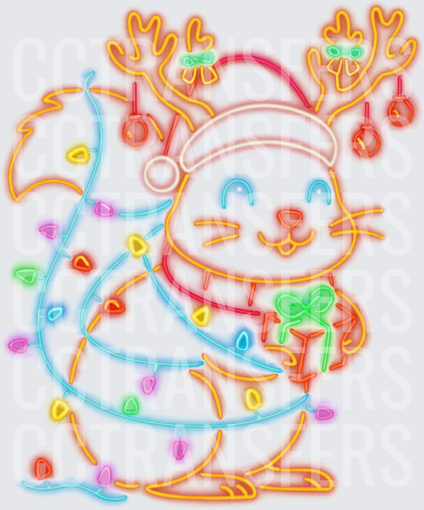 Neon Glow Christmas Cat Reindeer Tangled In Lights (DTF)