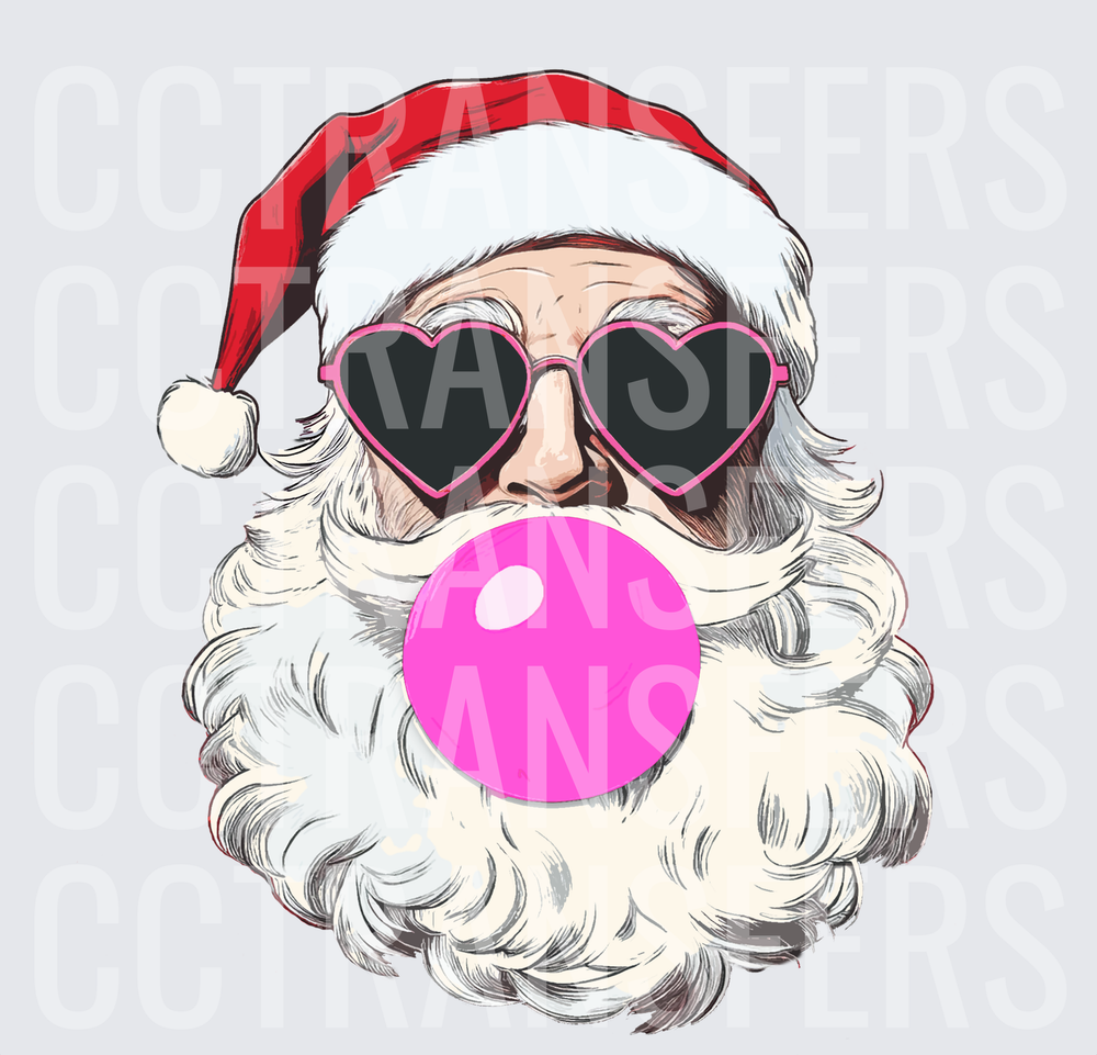 Cool Santa Pink Heart Sunglasses Blowing Bubble Gum (DTF)