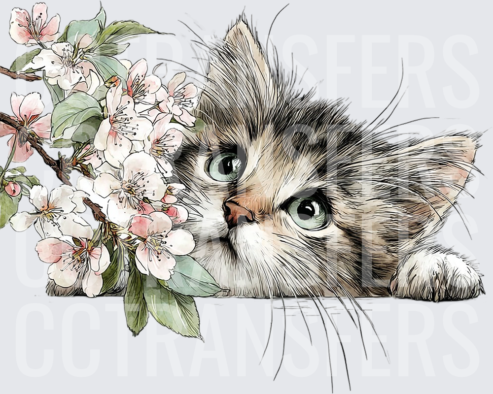 Fluffy Kitten Peeking Over Edge with Cherry Blossoms (DTF)