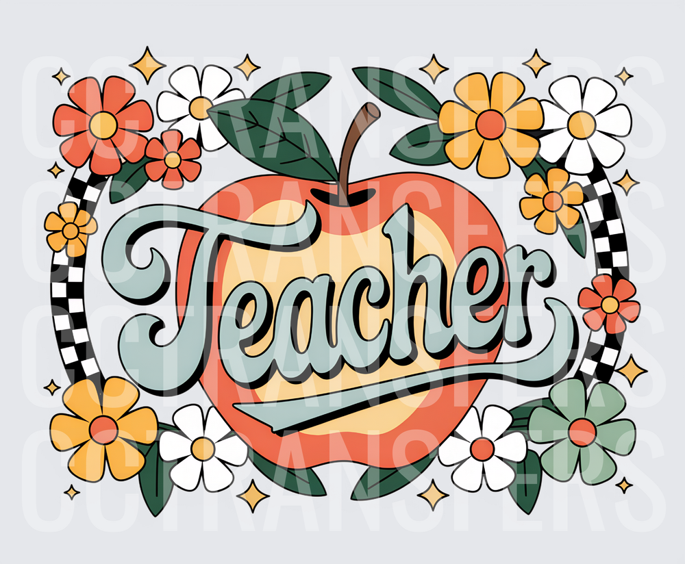 Retro Teacher Apple Floral Checkered Groovy (DTF)