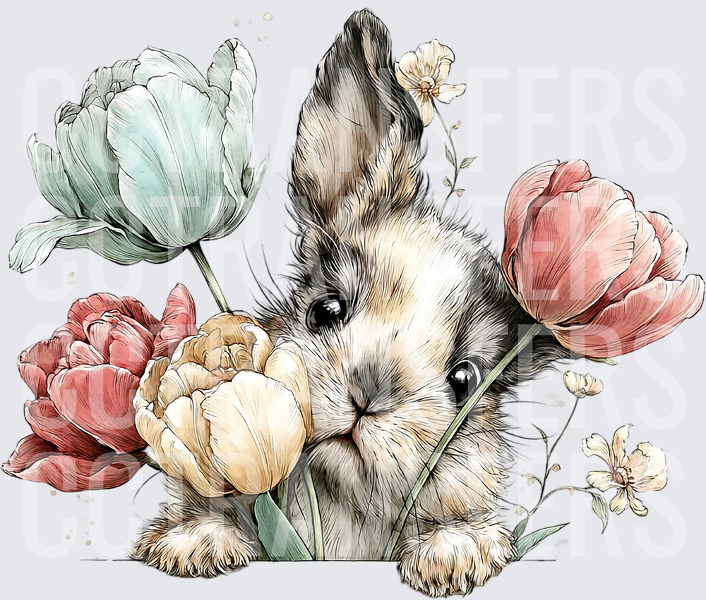 Cute Bunny Peeking Through Spring Tulips Floral (DTF)