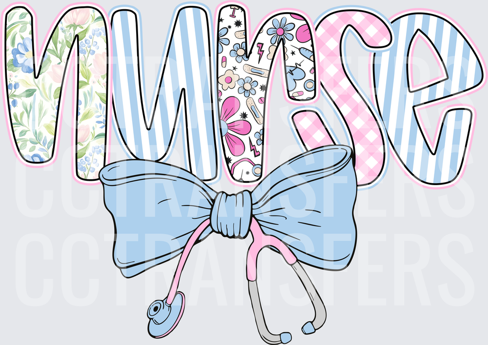 Nurse Patterned Letters Blue Bow Stethoscope (DTF)