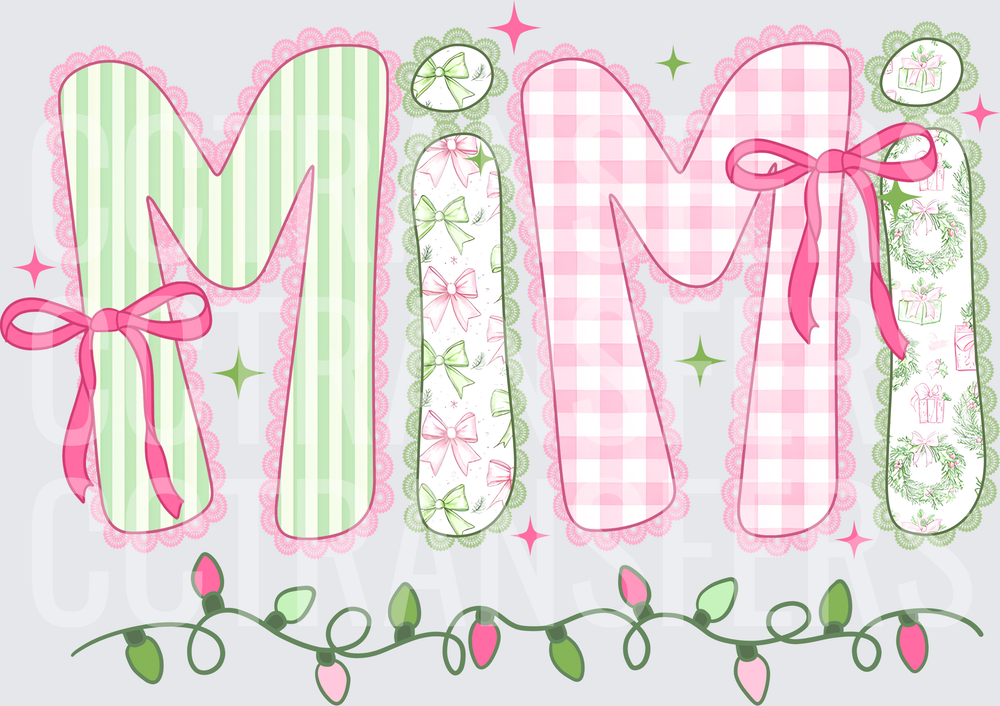 Mimi Christmas Coquette Bow Patchwork Letter Design (DTF)