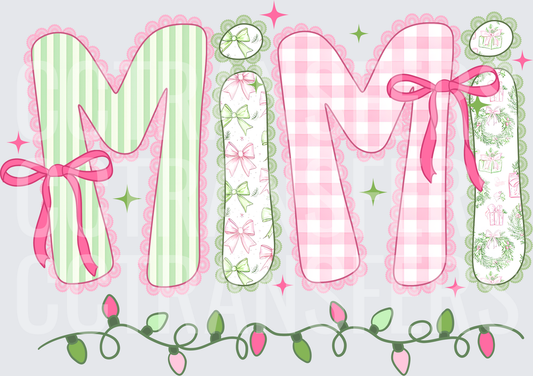 Mimi Christmas Coquette Bow Patchwork Letter Design (DTF)