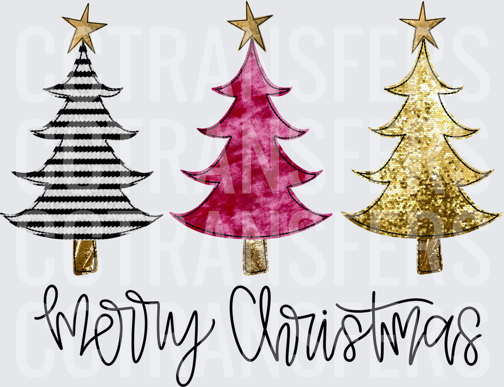 Merry Christmas Three Trees Black Pink Gold Stars (DTF)