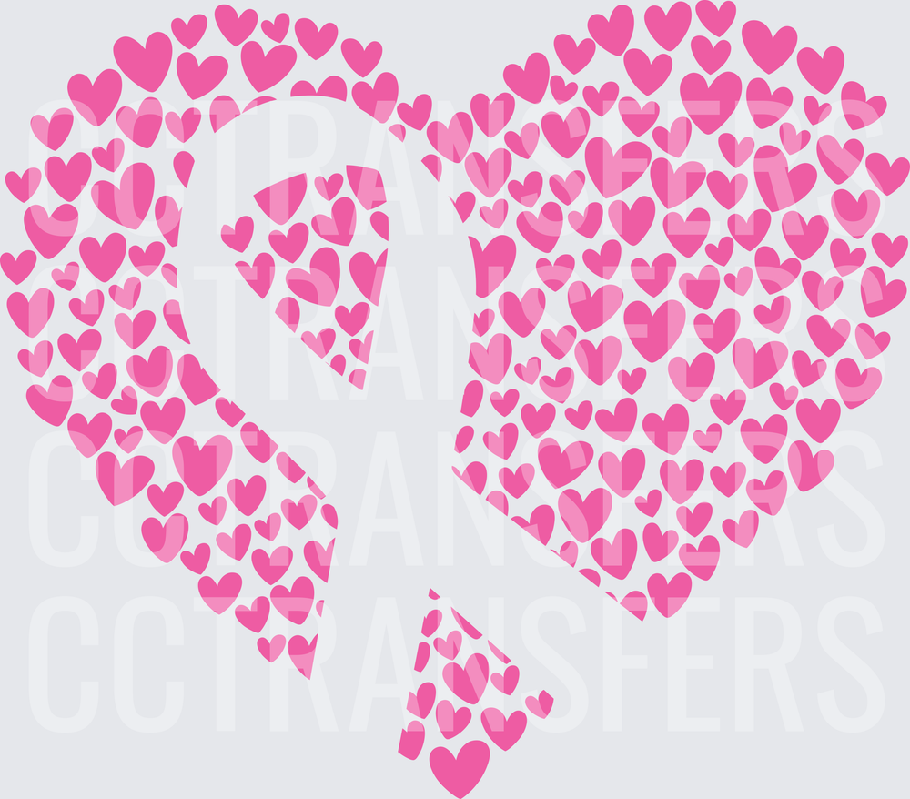 Pink Heart Shape Made of Mini Hearts with Awareness Ribbon (DTF)