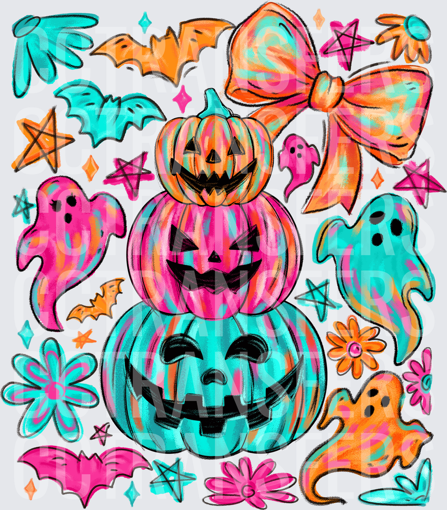 Colorful Stacked Jack-O-Lanterns Ghosts Bats Bow Halloween (DTF)