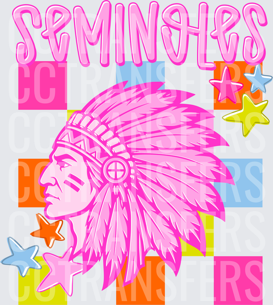 Seminoles Native Chief Pink Retro Colorblock Stars (DTF)