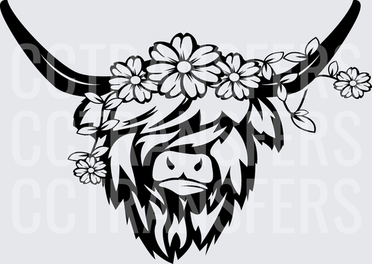 Fluffy Highland Cow with Daisy Flower Crown and Horns (DTF)