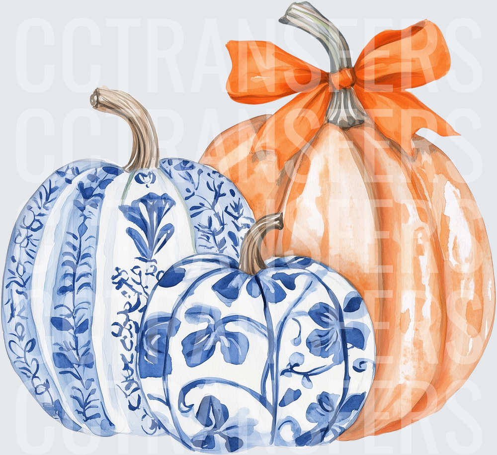 Blue and White Chinoiserie Pumpkins with Orange Bow (DTF)